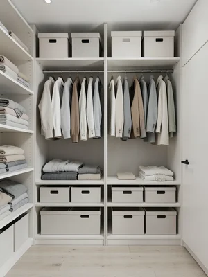 Organized closet with neatly folded clothes and storage boxes, minimalist
