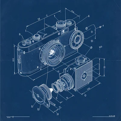 An exploded-view of a vintage camera: body, lens elements, shutter mechanism, fi