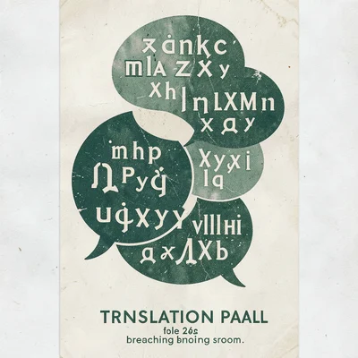 Screenprinted flyer for a translation panel, two-color palette of forest green a