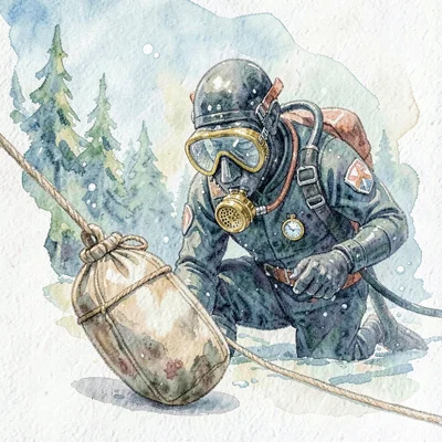 A vintage diver dragging weighted bag toward the foreground, brass valve at the 