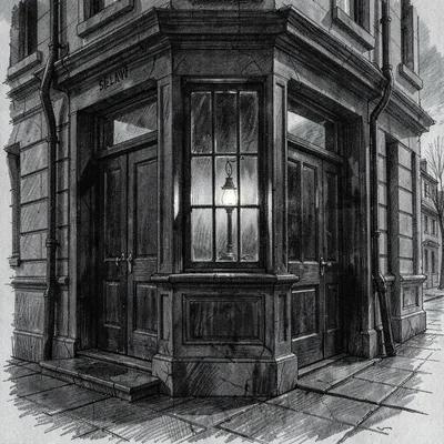 Charcoal-mood storefront of a Victorian-era specialist shop at twilight, dark mu