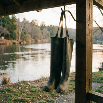 Atmospheric scene of a single empty pair of waders hanging on a porch hook, rive