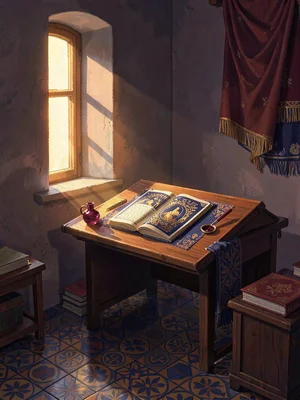 Hidden monk's scriptorium at first light with one slit window casting amber acro
