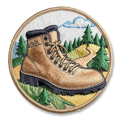 Embroidered patch illustration, Hiking boot with trail behind , merit badge aest