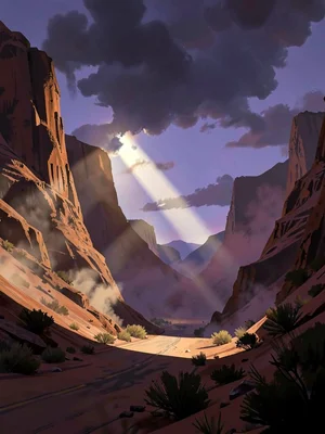 Twilight desert mountain pass with a stormy sun shaft through dust, warm rust on