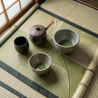 Overhead geometric arrangement of all tea implements