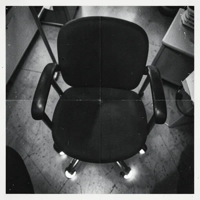 An office chair shot from above, re-copied until the chrome wheels become glowin