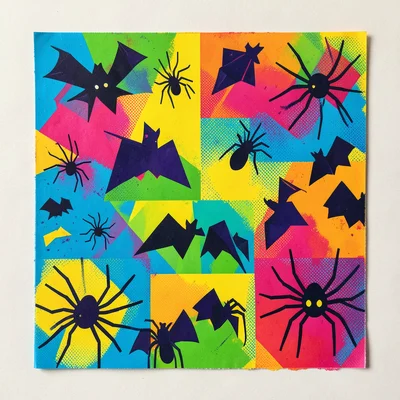 Halloween party decorations in Memphis design, geometric bats, squiggle spiders
