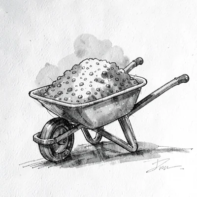 Pen-and-ink illustration of a wheelbarrow tipping a load of base aggregate, sket