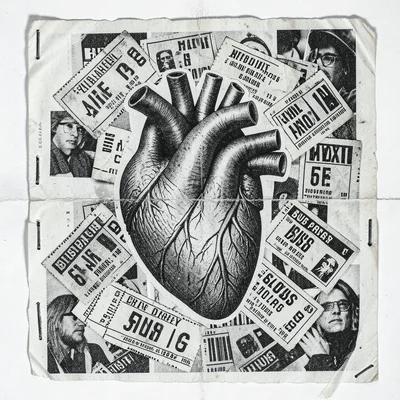 An anatomical heart from a textbook cut out and surrounded by concert ticket stu