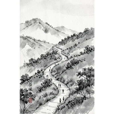 Vertical pen-ink poster of a winding path climbing through hills, tiny figures a