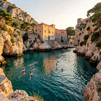 Adriatic limestone warmth, Dubrovnik honey stone, Swimmers floating in turquoise