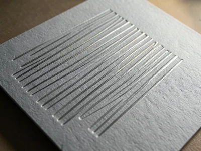 Debossed linear pattern on grey board, parallel grooves catching directional lig