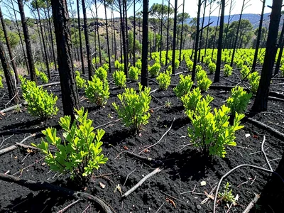 New coppice growth brilliant green against black