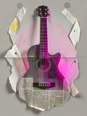 Editorial collage portrait poster of a torn newspaper guitar silhouette layered 