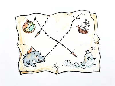 A treasure map with X marks the spot, compass, dotted path, sea monster, tiny pi