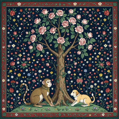 Monkey and Dog at Flowering Rose Tree