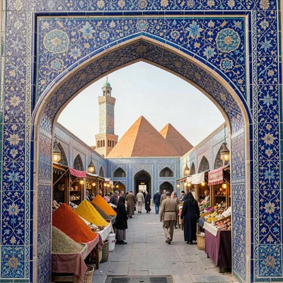 Samarkand blue majolica against Central Asian terracotta, spice bazaar with pyra