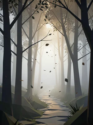Twisting forest path beneath skeletal birches with backlit fog catching every br
