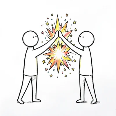Two stick figures high-fiving with an explosion of stars and confetti between th