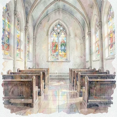 Soft wash of a chapel interior with stained-glass color cast onto worn pews