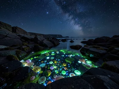 Plankton-filled tide pool glowing at night, rocky coast, stars above