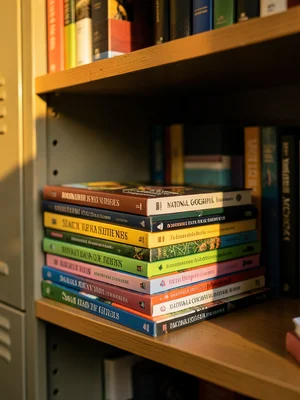 Stack of new textbooks with colorful covers, locker shelf, organized