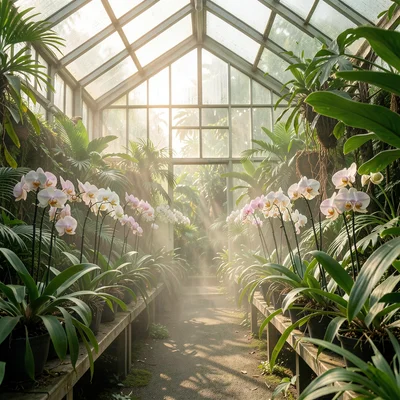 Orchids in a humid greenhouse: rows of phalaenopsis on benches, the flower spike