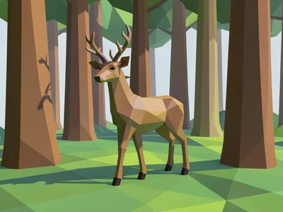 A geometric deer in a forest clearing with tree trunks as vertical polygon colum