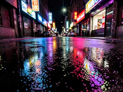 Wet pavement neon reflection