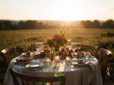 Late afternoon light on autumn table arrangement, long shadows, warm tones