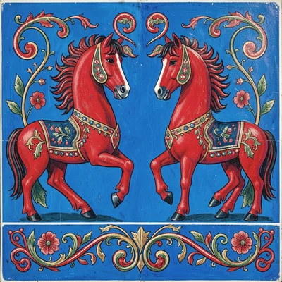 Dala horse pair facing each other — red and blue, mirrored folk decoration