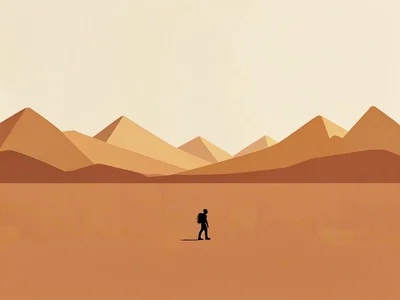 Hiker silhouette stands tiny on a vast copper salt flat under a cream sky, ochre
