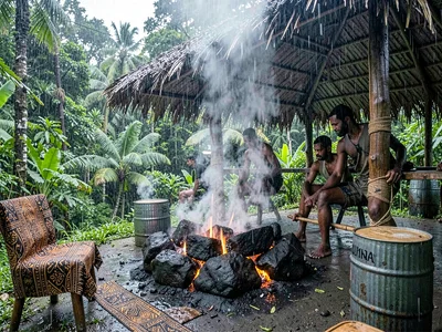 Open-air fale life in Samoa after rain, Steam rising from hot rocks for an umu a
