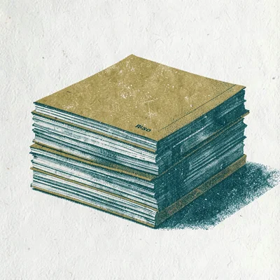 Riso print of a stack of zines with halftone shadows, mustard and teal