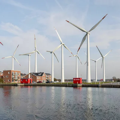 Danish design infrastructure, hygge mechanics, Wind turbines in row, white colum