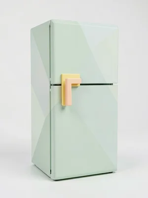 Refrigerator mint-green lowpoly fridge with a peach handle and chunky butter-yel