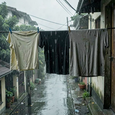 Monsoon season photograph, heavy rain atmosphere, Clothes hanging on a balcony t