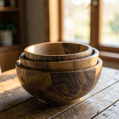 Stack of nesting wooden bowls on a worn oak table, warm window glow