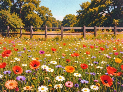 A wildflower meadow with poppies, cornflowers, and ox-eye daisies with a wooden 