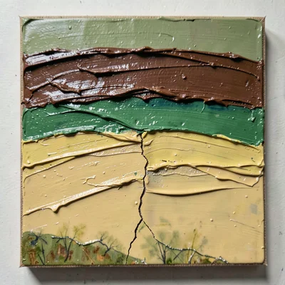 Thick impasto oil painting on board, palette knife marks visible, abstract lands