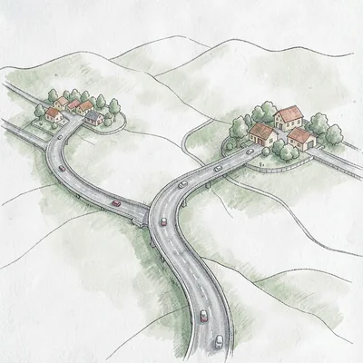 Cartographic illustration of a long highway curve between two small town cluster