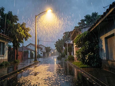 Streetlight illuminating rain column