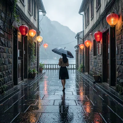Jiufen rain beauty, wet mountain coastal, Woman holding umbrella walking narrow 