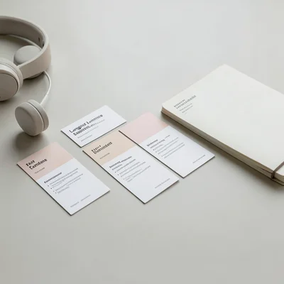 Language learning flashcards spread on a table with headphones and a notebook