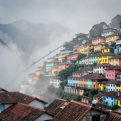 Valparaiso hillside color, painted houses climbing, Morning fog rolling up throu