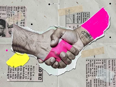 The IDEA of trust as a torn handshake with one wrist replaced by a strip of brig