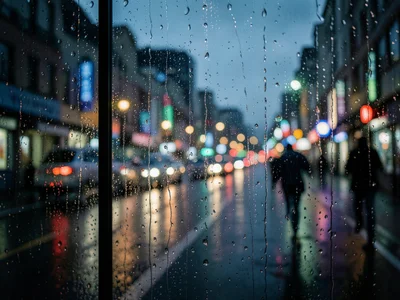 A rain-streaked bus window, the city lights outside turned to watercolor abstrac