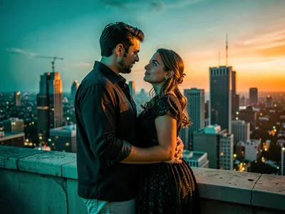 Couple on city rooftop