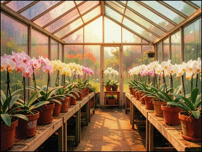 A greenhouse interior with rows of potted orchids on wooden benches and condensa